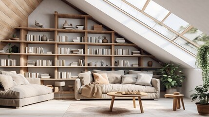 Rustic sofa against shelving unit with books, scandinavian home interior design of modern living room in attic with skylights