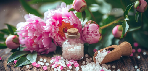 natural homeopathic remedies with pink peonies and white pellets on wooden surface - obrazy, fototapety, plakaty