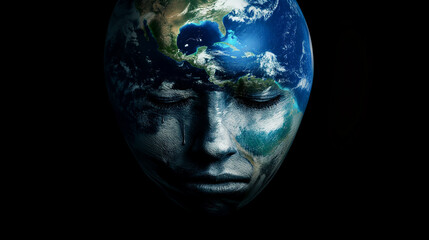 Planet Earth in tears crying in despair on a black background, environmental crisis or war concept