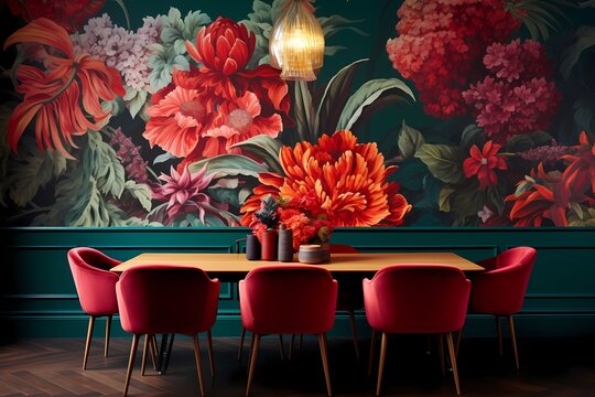 A bold and vibrant floral wallpaper with oversized blooms, creating a statement wall that adds personality to the room