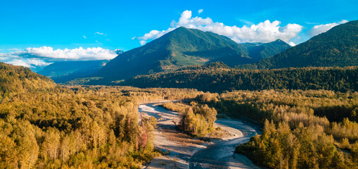 Chilliwack River in Canadian Mountain Landscape Nature Background. Aerial View.