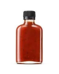 Foto op Canvas Glass bottle of red hot chili pepper sauce with twist off screw cap isolated. © Sofia