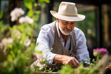 Senior man gardening in the sunlight
