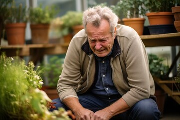 Elderly man experiencing discomfort while gardening