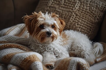 a small white and brown Maltipoo is resting on a blanket, in the style of intricately textured, marble, barbiecore