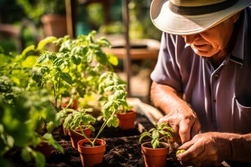 Elderly person tending to young tomato plants in a garden