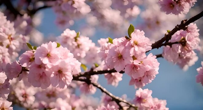 fiori di ciliegio, sakura con raggi di sole tra i rami, arrivo della primavera, sfondo di fori che trasmette calma e gioia, 