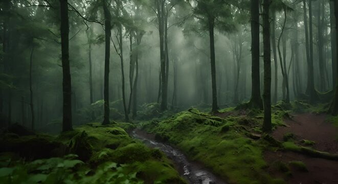 scorcio di foresta affascinante sotto la pioggia,  natura mistica, leggera nebbia data dall'umidità, giovane ruscello che scorre