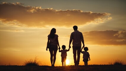 silhouette of a family in the sunset