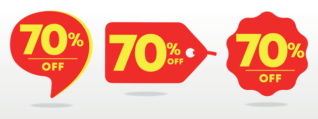 70% off. Special offer, sticker, set, sale. Poster price discount, value. Red, yellow balloon, tag. Advertising, promo, discount, store. Icon, symbol, vector. Campaign retail