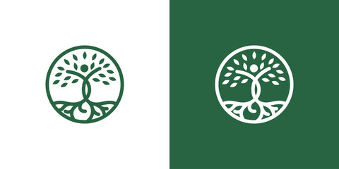 line art nature logo vector design of tree and man or person inside circle, abstract tree logo symbol inside circle