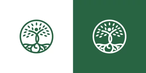 Tuinposter line art nature logo vector design of tree and man or person inside circle, abstract tree logo symbol inside circle © zulfan