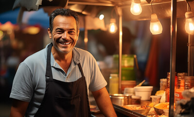 Fototapeta premium Male Street Food Vendor with a Food Cart