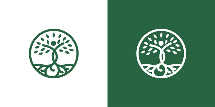 line art nature logo vector design of tree and man or person inside circle, abstract tree logo symbol inside circle