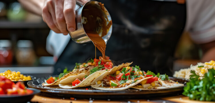 chef drizzling sauce over traditional mexican tamales in rustic culinary scene