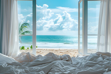 Close up bedroom with white messy bedding and big window with view to beautiful sea ocean beach. Summer, travel, vacation, 