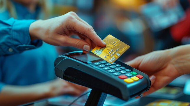 a person's hand holding a credit card and using it to complete a payment on a card terminal, depicting a financial transaction in a retail setting - Powered by Adobe