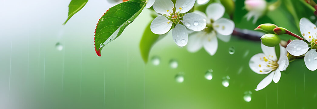 banner free space for text spring branch of a blossoming apple tree flowers rain drops, abstract blurred background flowers fresh rain long shot full size tree 2/3 free space for text