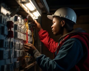 Young African American electrician working on an electrical panel