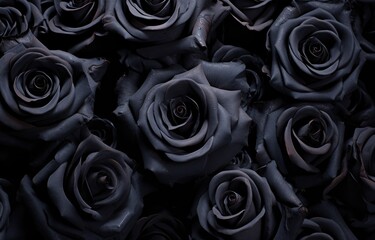 Fototapeta premium This close-up photograph showcases a bunch of black roses, capturing their unique beauty and intricacy.