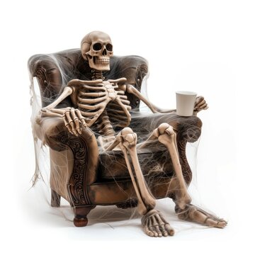 A skeleton sitting on an armchair, waiting for something that never happened