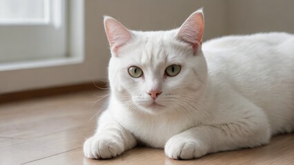 Fototapeta premium White american shorthair cat laying on the floor indoor
