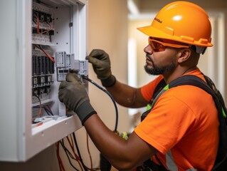 Electrician working on a circuit breaker for industrial or construction content