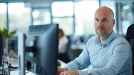 Confident individual at a workstation with multiple computer monitors in a modern office.