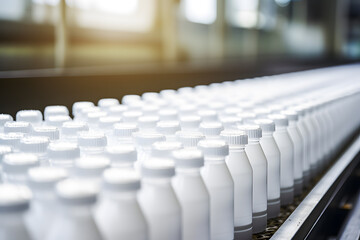 Factory Assembly Line: Conveyor Belt for White Plastic Bottles