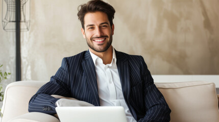 A professional dressed in a business suit is attentively using a laptop while comfortably sitting on a couch, indicating a blend of formal attire with a relaxed remote working environment.