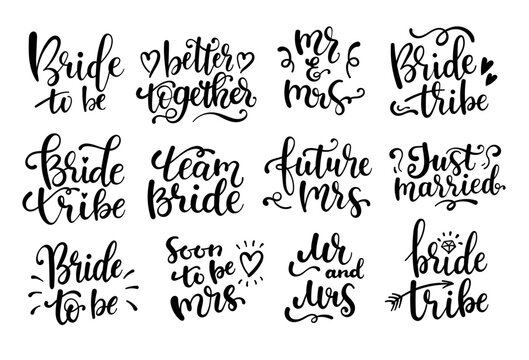 Wedding lettering set. Black hand lettered quotes for greeting cards, gift tags, labels. Isolated vector illustrations.