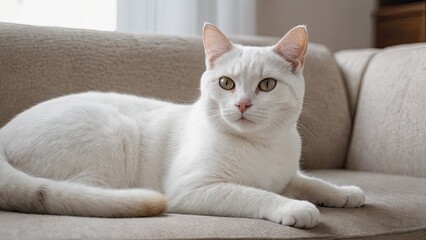 White american shorthair cat lying on sofa at home
