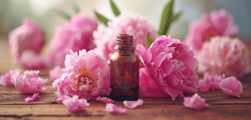 Obraz na płótnie Canvas natural peony blooms with homeopathic essence bottle for holistic health care