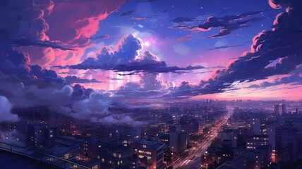 This photo captures a cityscape with buildings, illuminated by a purple sky filled with clouds. - obrazy, fototapety, plakaty