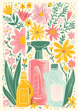 Fototapeta Seasonal spring cleaning, florals and cleaning products pastel retro design