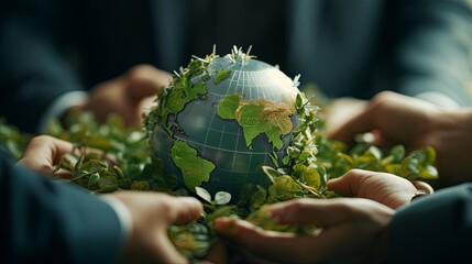 green friendly eco Hands of business people Embracing Green Globe.Protecting Planet Together.Environment Earth Day. Responsibility for the environment. Ecosystem and Organization Development ESG csr