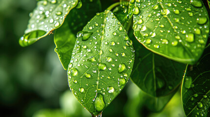 Close up of water droplets on vibrant fresh green leaves background - obrazy, fototapety, plakaty