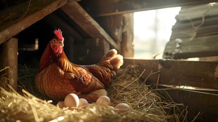 Rooster sitting among eggs in a rustic barn setting, embodying rural tranquility. perfect for agricultural themes. AI - obrazy, fototapety, plakaty