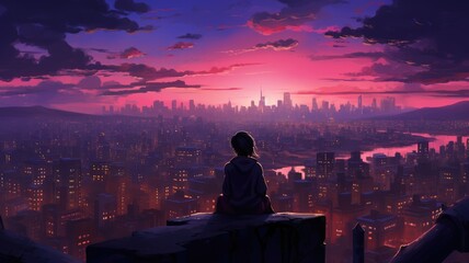 A person sits on a ledge, gazing out over a sprawling cityscape. - obrazy, fototapety, plakaty