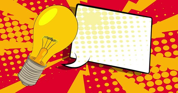 Cartoon Light Bulb with blank speech bubble, comic book ideas video. Retro comics pop art animation.