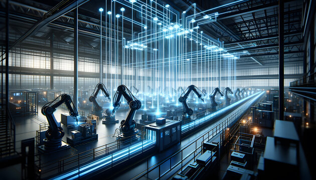 Smart factory with connected infrastructure. Illustration for Industry 4.0, automation and robotics.