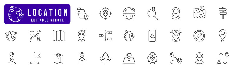 Location line icon set. Navigation, gps, map, destination, marker, pointer etc. Editable stroke