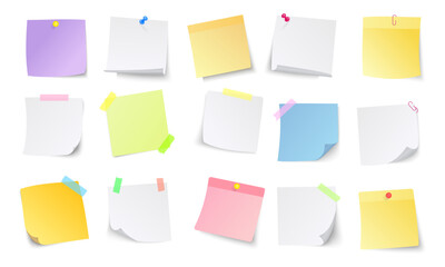 Paper notes. white stickers or notepad pages with curled corners. Empty blanks for messages. Realistic  mock up.