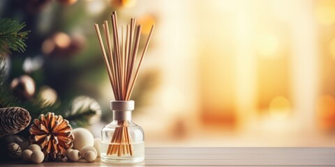 Home fragrances. Aromatic reed diffuser with Christmas tree elements creating peace, tranquility, relaxation, and enjoyment.