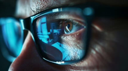 a close-up view of an eye seen through a pair of glasses reflecting blue digital data and graphs, suggesting a theme of technology and analytics