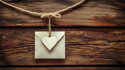 Heartfelt romance! A love letter suspended on twine, enveloped in warmth against a rustic wooden backdrop. Captivate emotions with this tender composition.