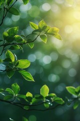 Vertical close-up photo with a young tree fresh green leaves, born on a branch against light blurred background