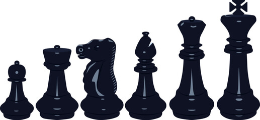 Six black chess pieces. Set for playing chess. Board game. King, queen, bishop, knight, rook and pawn.