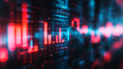 a blurred close-up view of a financial stock market graph on a digital screen with various data points and trend lines