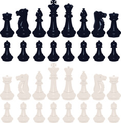 A complete set of chess pieces. Set for playing chess. Board game.